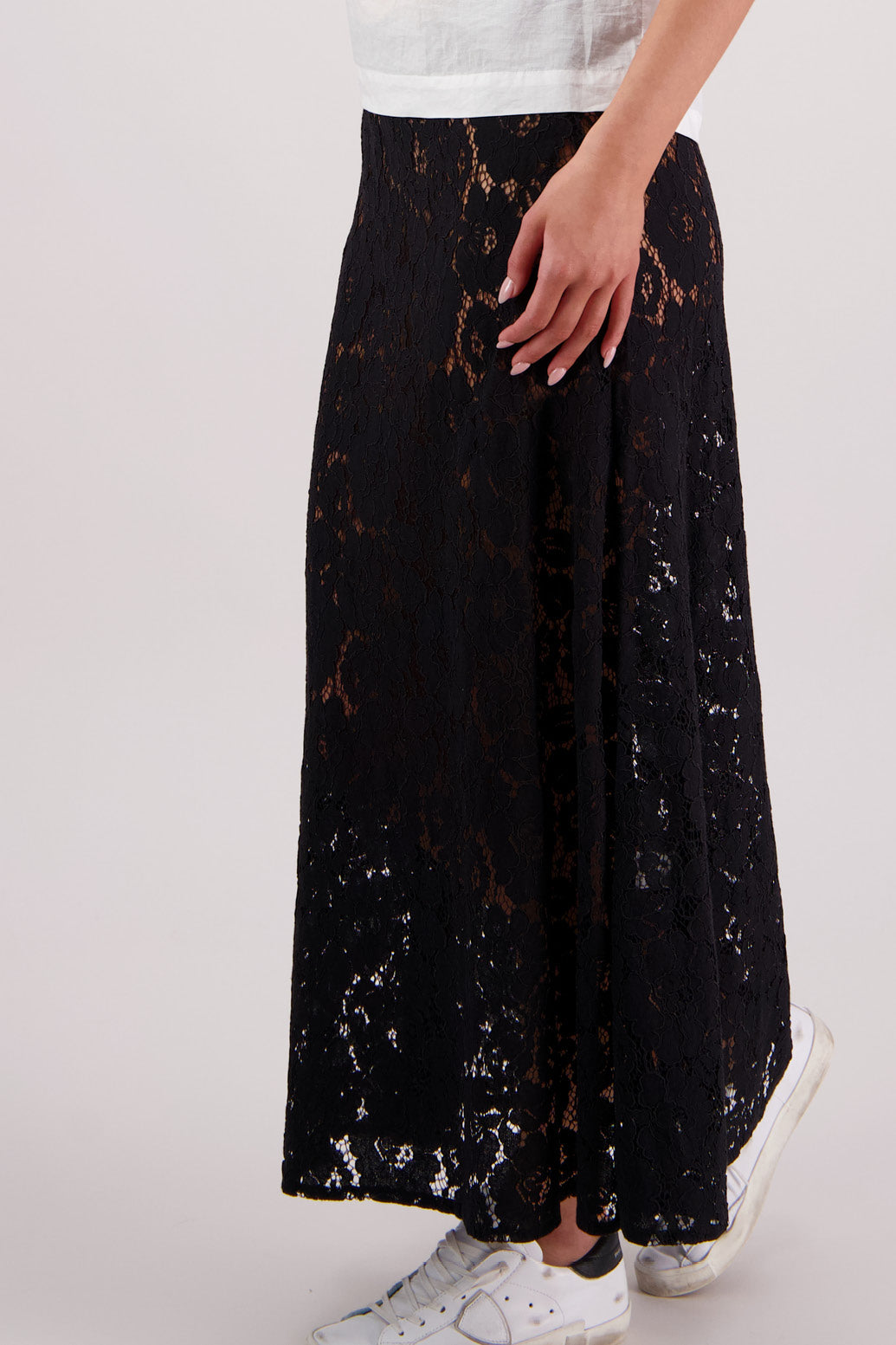 Close up side view Briarwood Twinkle Lace Skirt in Black.