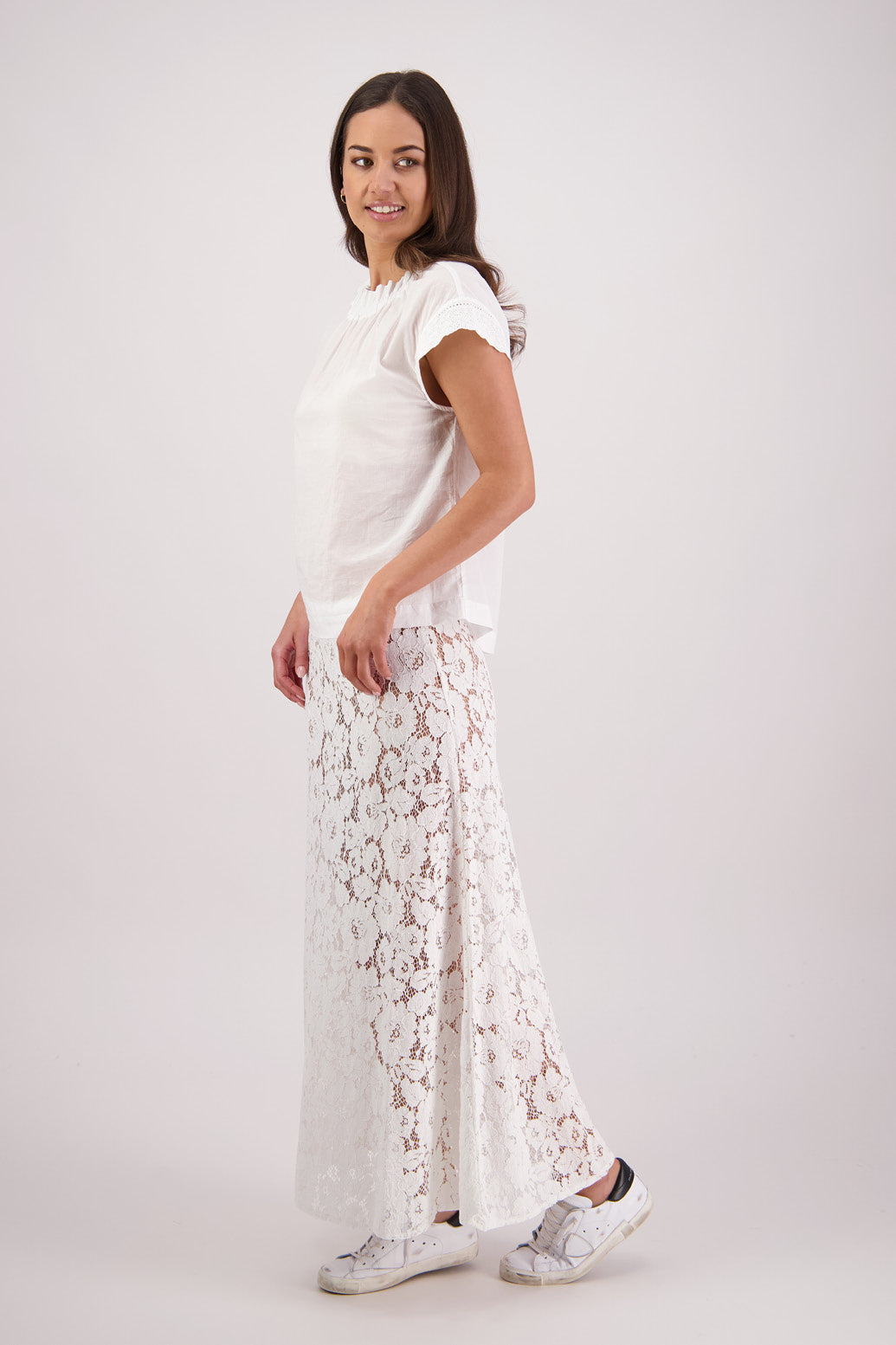 Side view Briarwood Twinkle Lace Skirt in White.