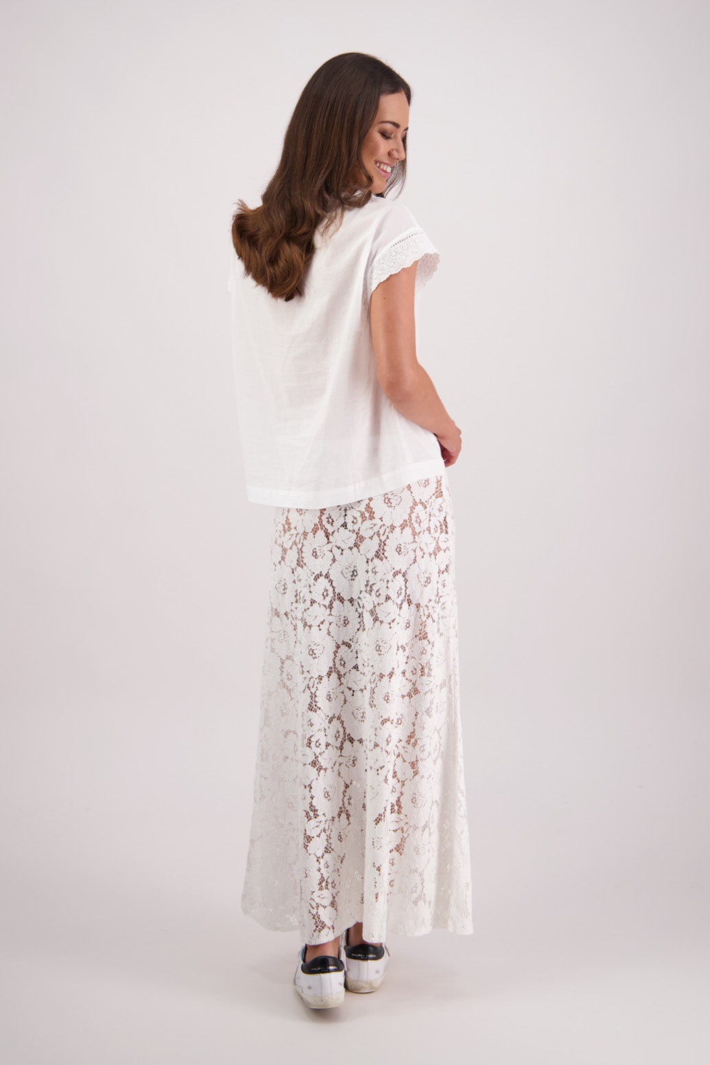 Back view Briarwood Twinkle Lace Skirt in White.