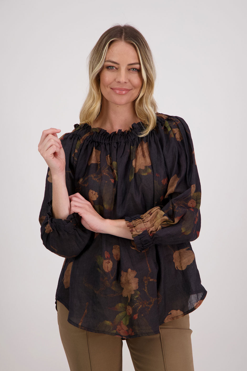 Reversible Long Sleeve Ramie Top with Tie, Black Floral