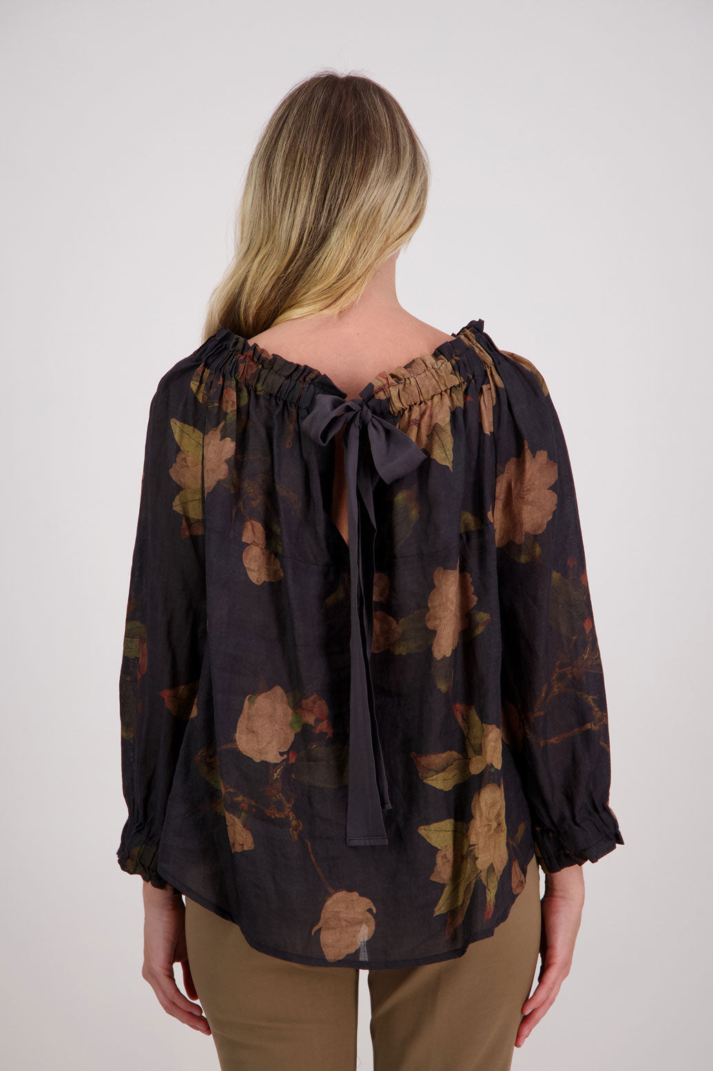 Reversible Long Sleeve Ramie Top with Tie, Black Floral