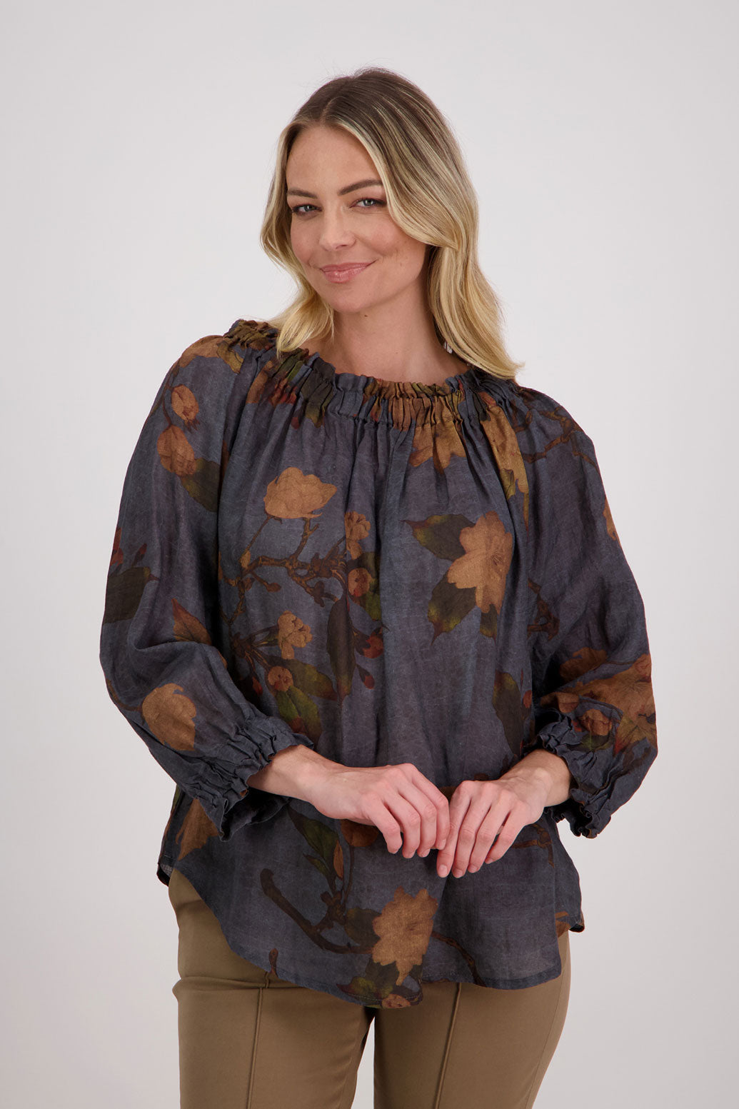 Reversible Long Sleeve Ramie Top with Tie, Petrol Floral, Annabella