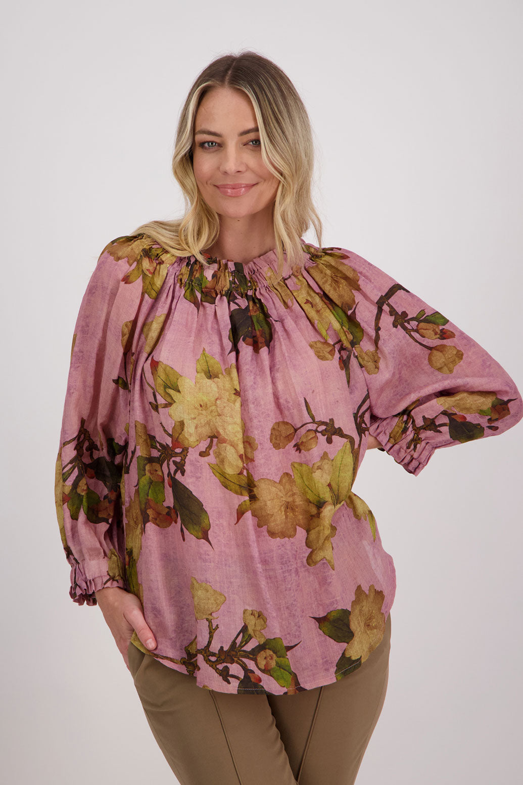 Reversible Long Sleeve Ramie Top with Tie, Pink Floral, Annabella