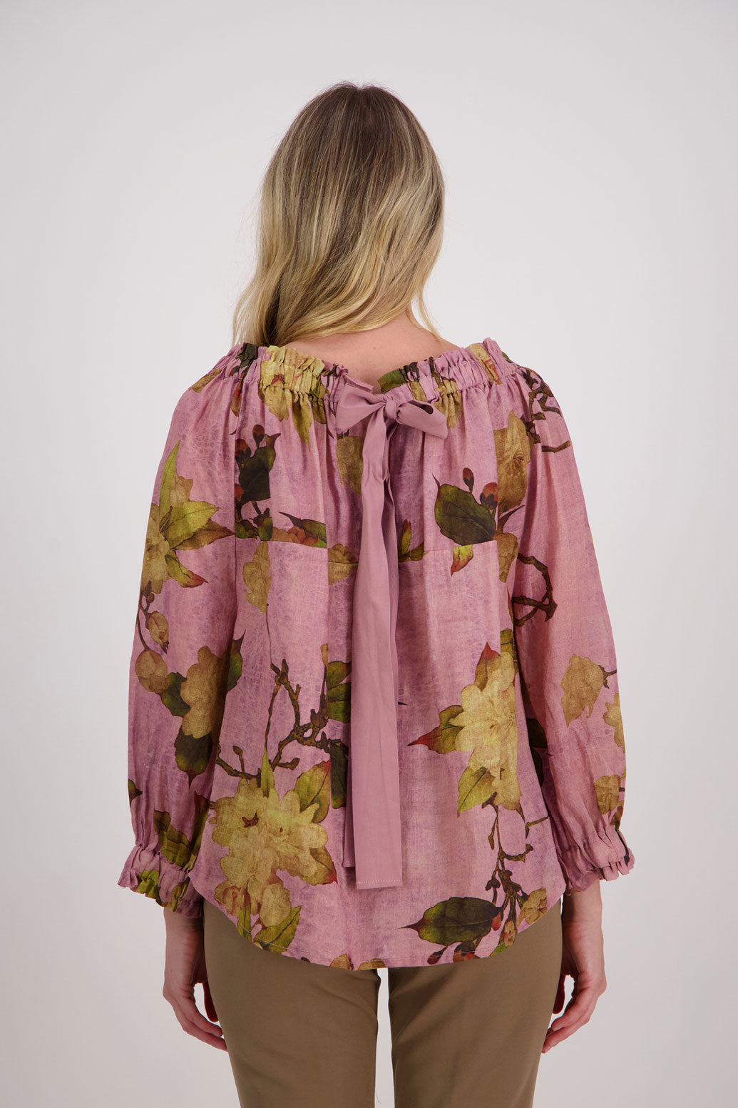 Reversible Long Sleeve Ramie Top with Tie, Pink Floral, Annabella