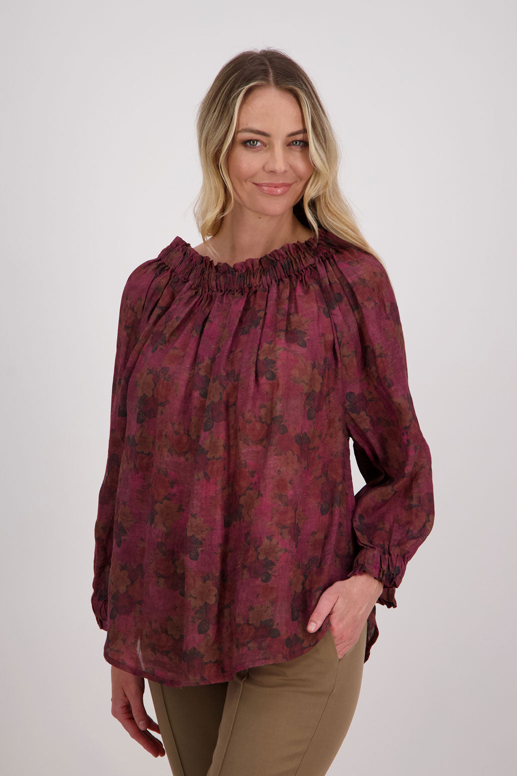 Reversible Long Sleeve Ramie Top with Tie, Plum Floral, Annabella