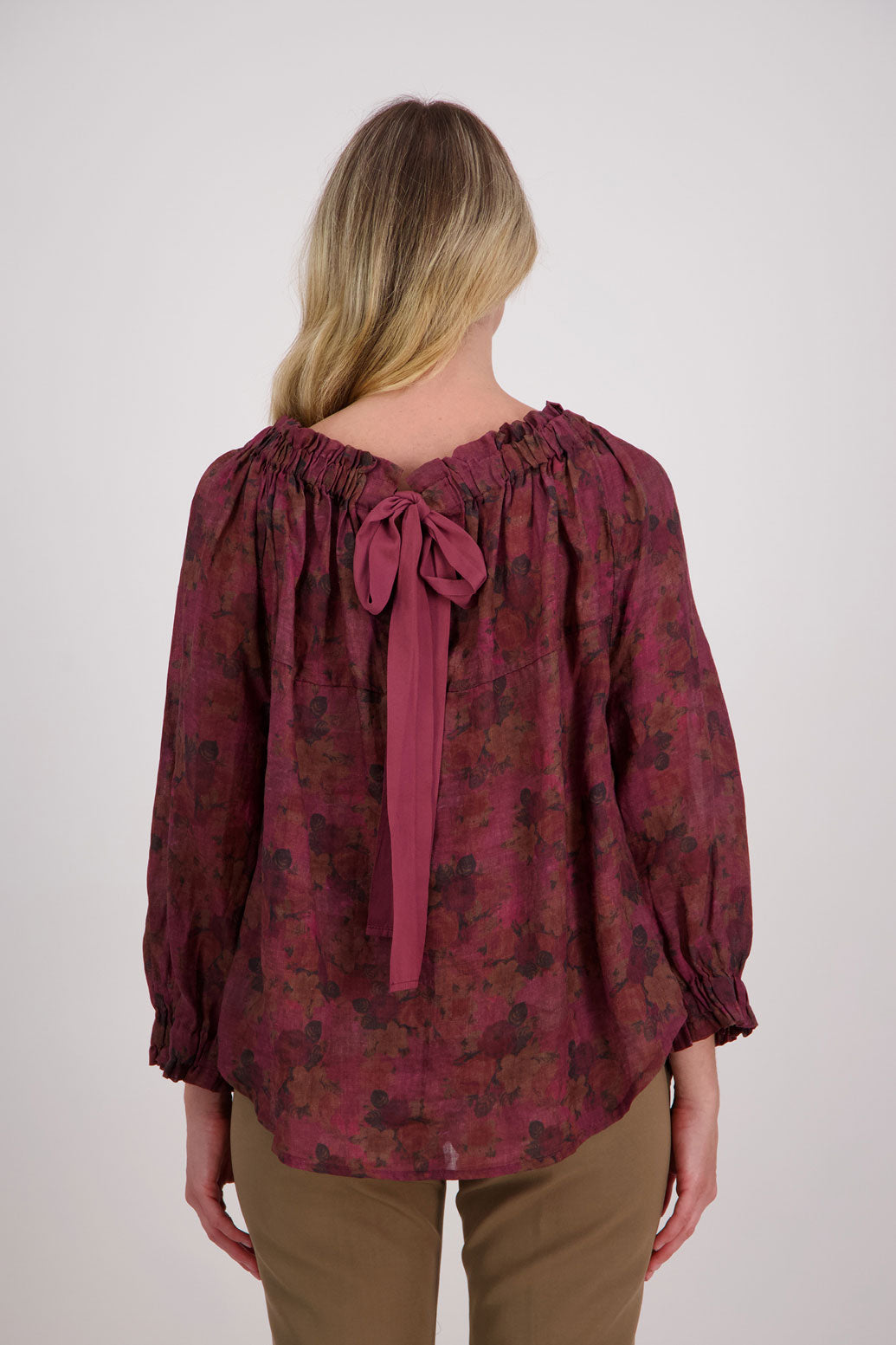 Reversible Long Sleeve Ramie Top with Tie, Plum Floral, Annabella