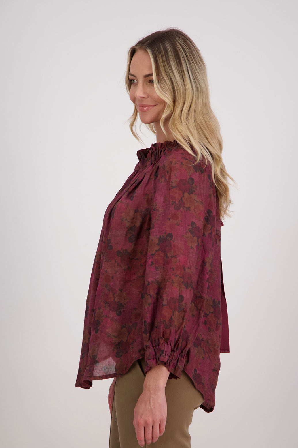 Reversible Long Sleeve Ramie Top with Tie, Plum Floral, Annabella