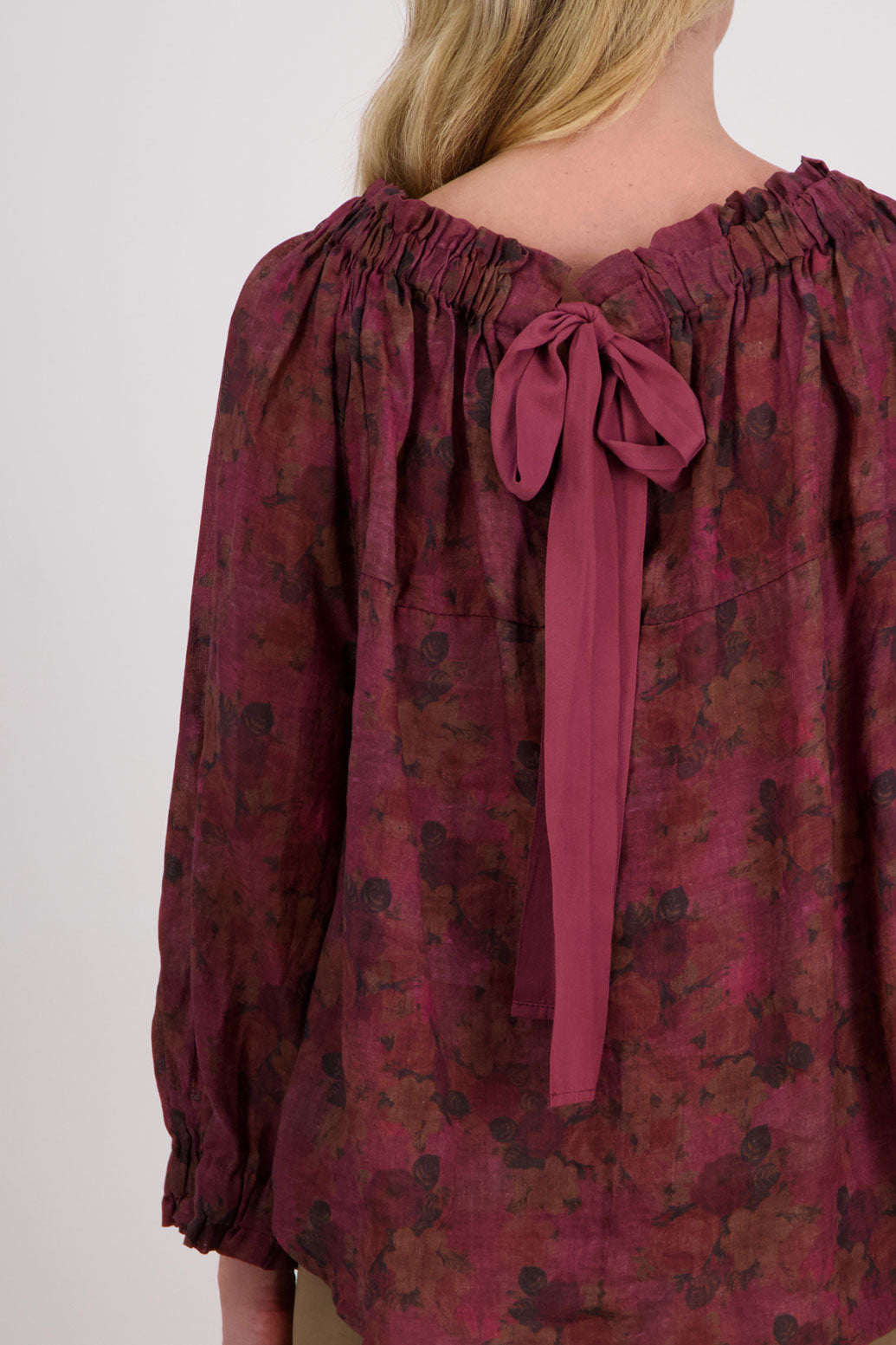 Reversible Long Sleeve Ramie Top with Tie, Plum Floral, Annabella