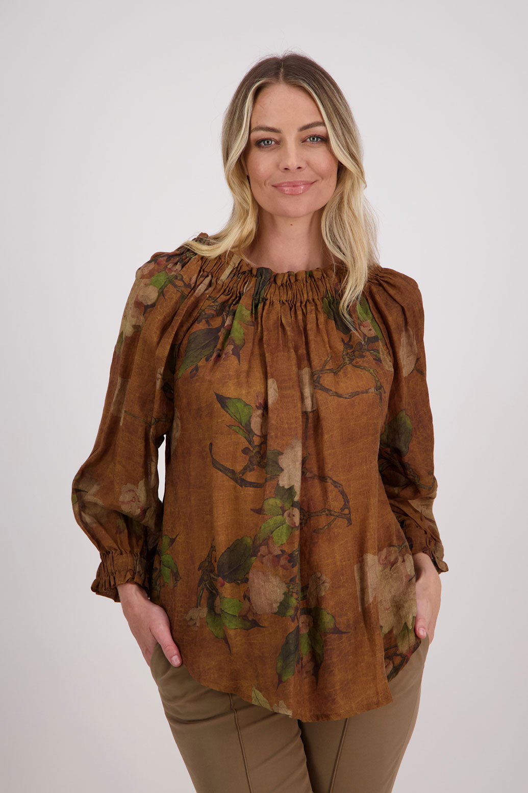 Reversible Long Sleeve Ramie Top with Tie, Tan Floral, Annabella