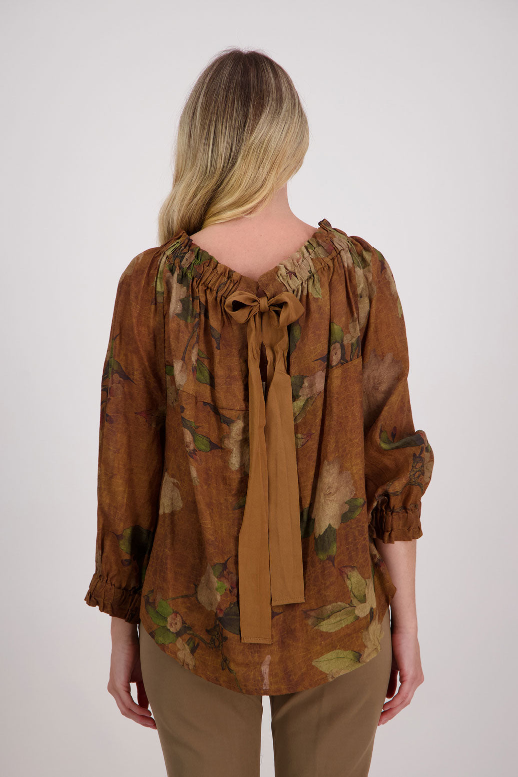 Reversible Long Sleeve Ramie Top with Tie, Tan Floral, Annabella