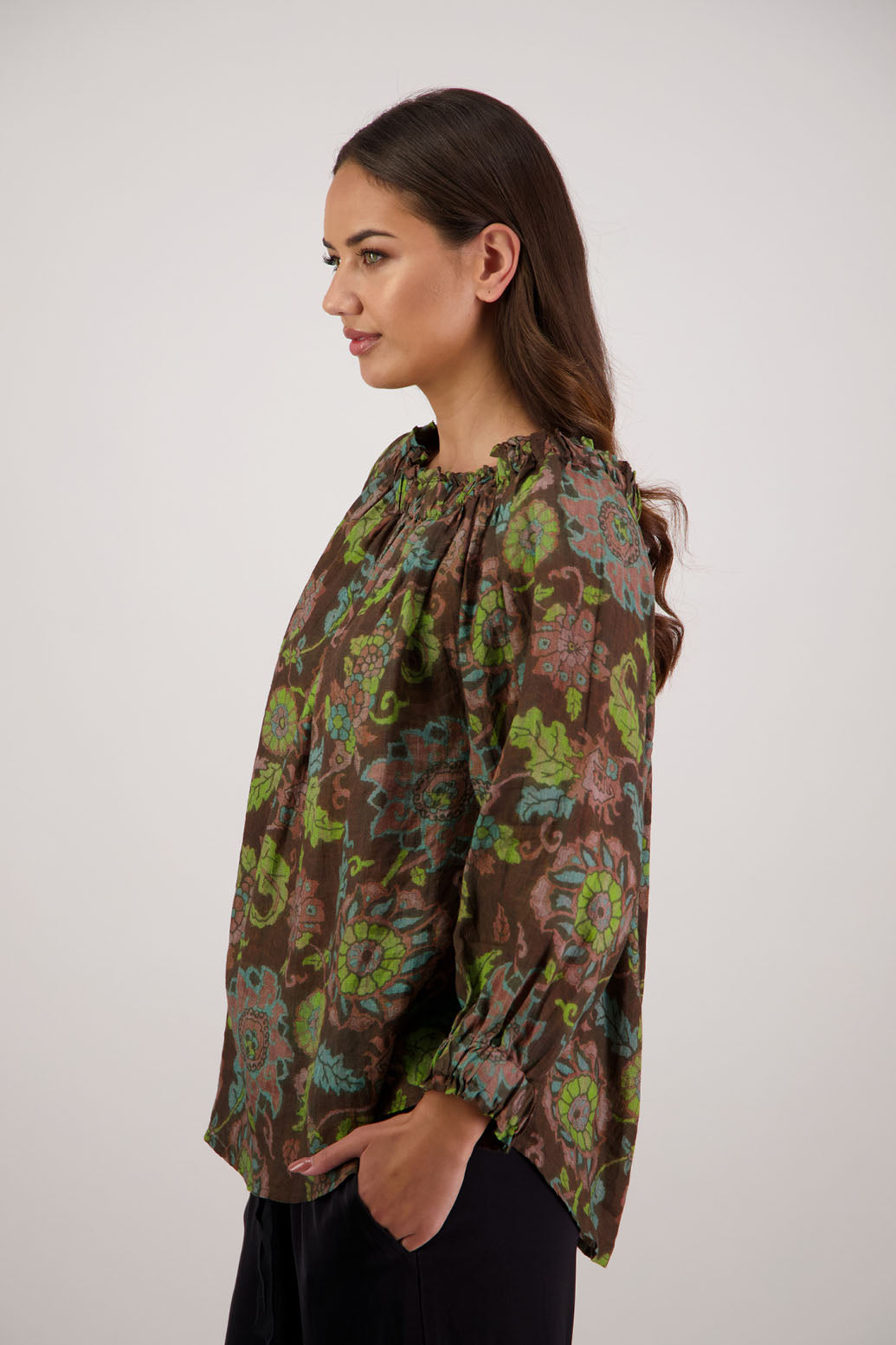 Bestselling Reversible Top. Annabella Top in Brown Floral by Briarwood NZ. Lightweight 100% Ramie shirt with 3/4 sleeves, gathered necklkne, longer in length