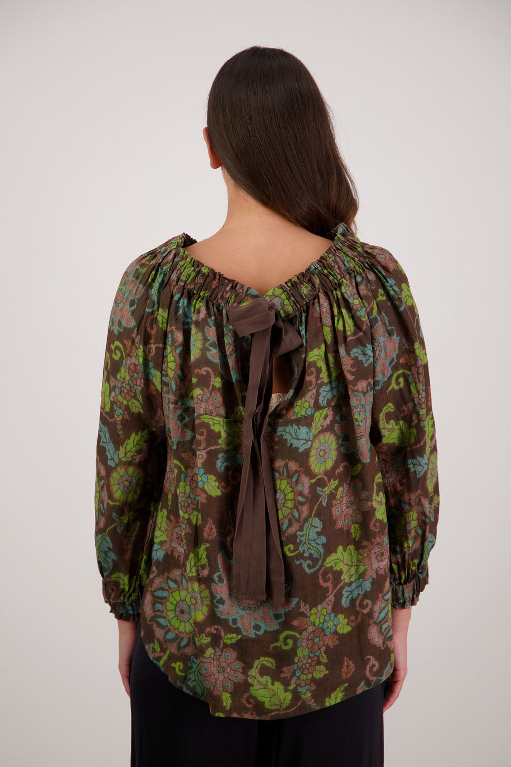 Bestselling Reversible Top. Annabella Top in Brown Floral by Briarwood NZ. Lightweight 100% Ramie shirt with 3/4 sleeves, gathered necklkne, longer in length
