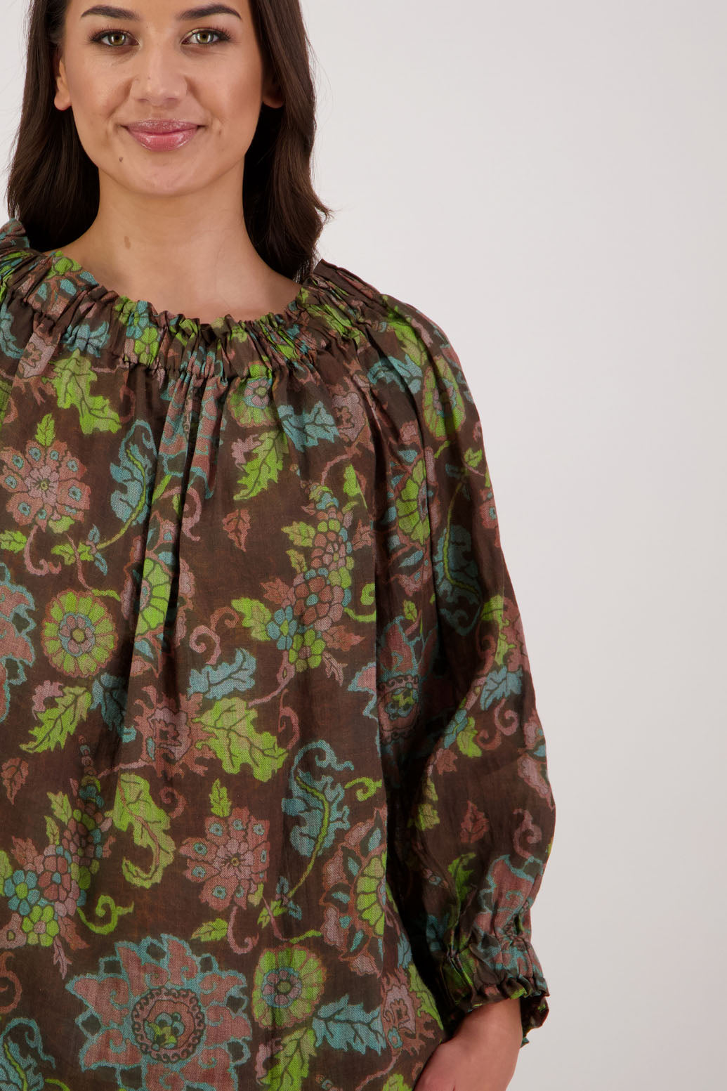 Bestselling Reversible Top. Annabella Top in Brown Floral by Briarwood NZ. Lightweight 100% Ramie shirt with 3/4 sleeves, gathered necklkne, longer in length