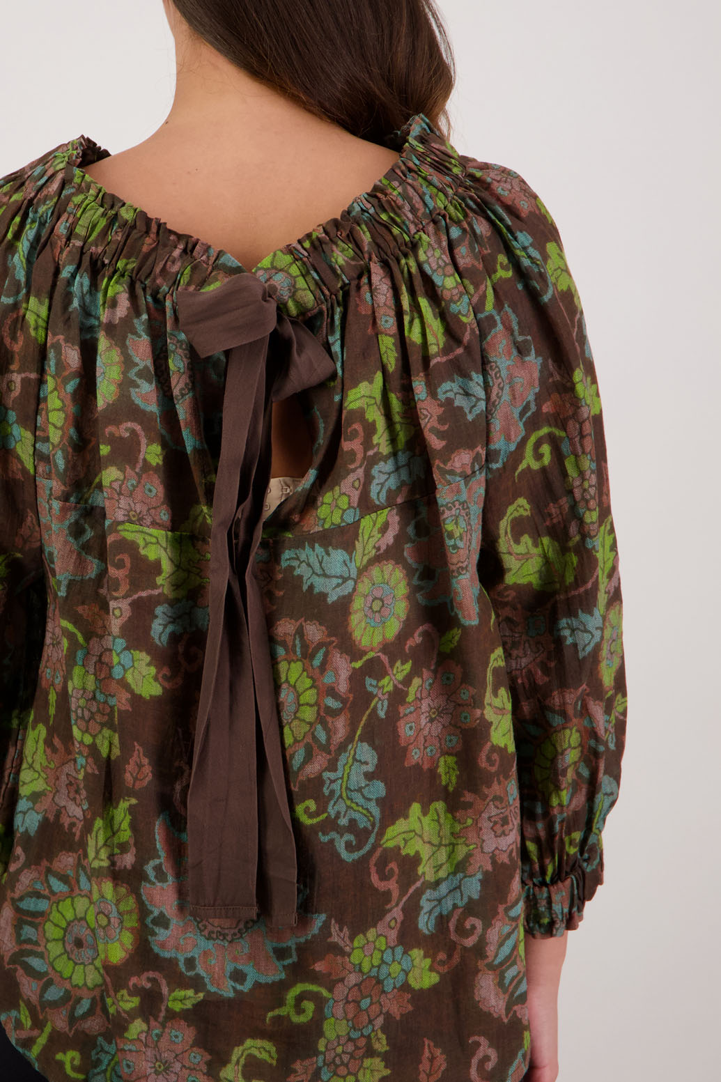 Bestselling Reversible Top. Annabella Top in Brown Floral by Briarwood NZ. Lightweight 100% Ramie shirt with 3/4 sleeves, gathered necklkne, longer in length