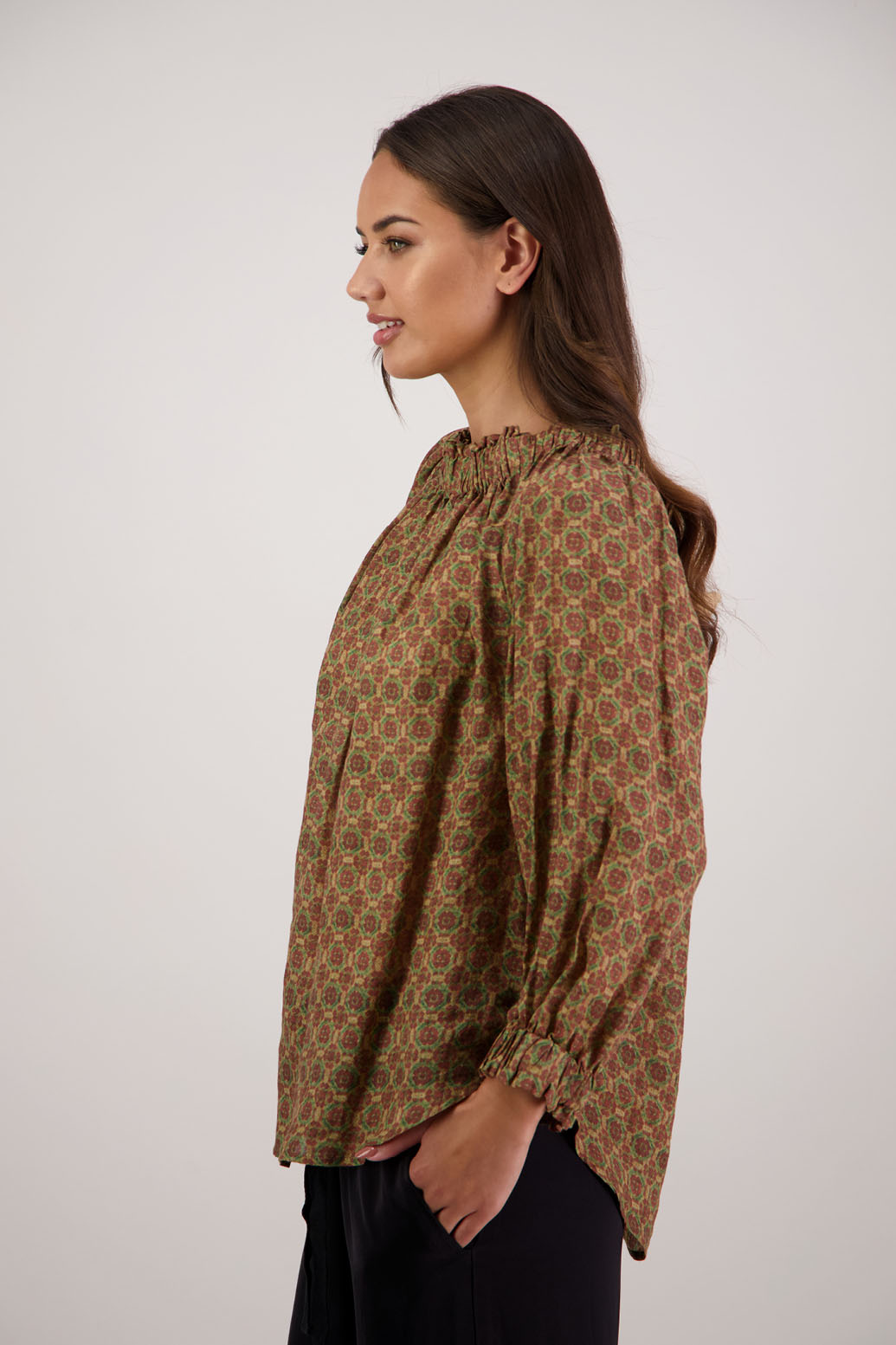 Bestselling Reversible Top. Annabella Top in Camel Tile by Briarwood NZ. Lightweight 100% Ramie shirt with 3/4 sleeves, gathered necklkne, longer in length