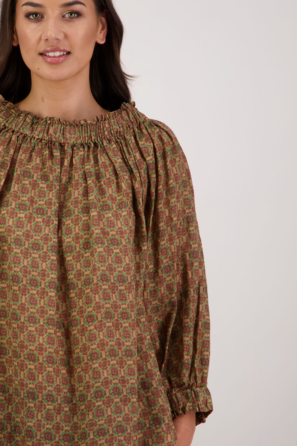 Bestselling Reversible Top. Annabella Top in Camel Tile by Briarwood NZ. Lightweight 100% Ramie shirt with 3/4 sleeves, gathered necklkne, longer in length