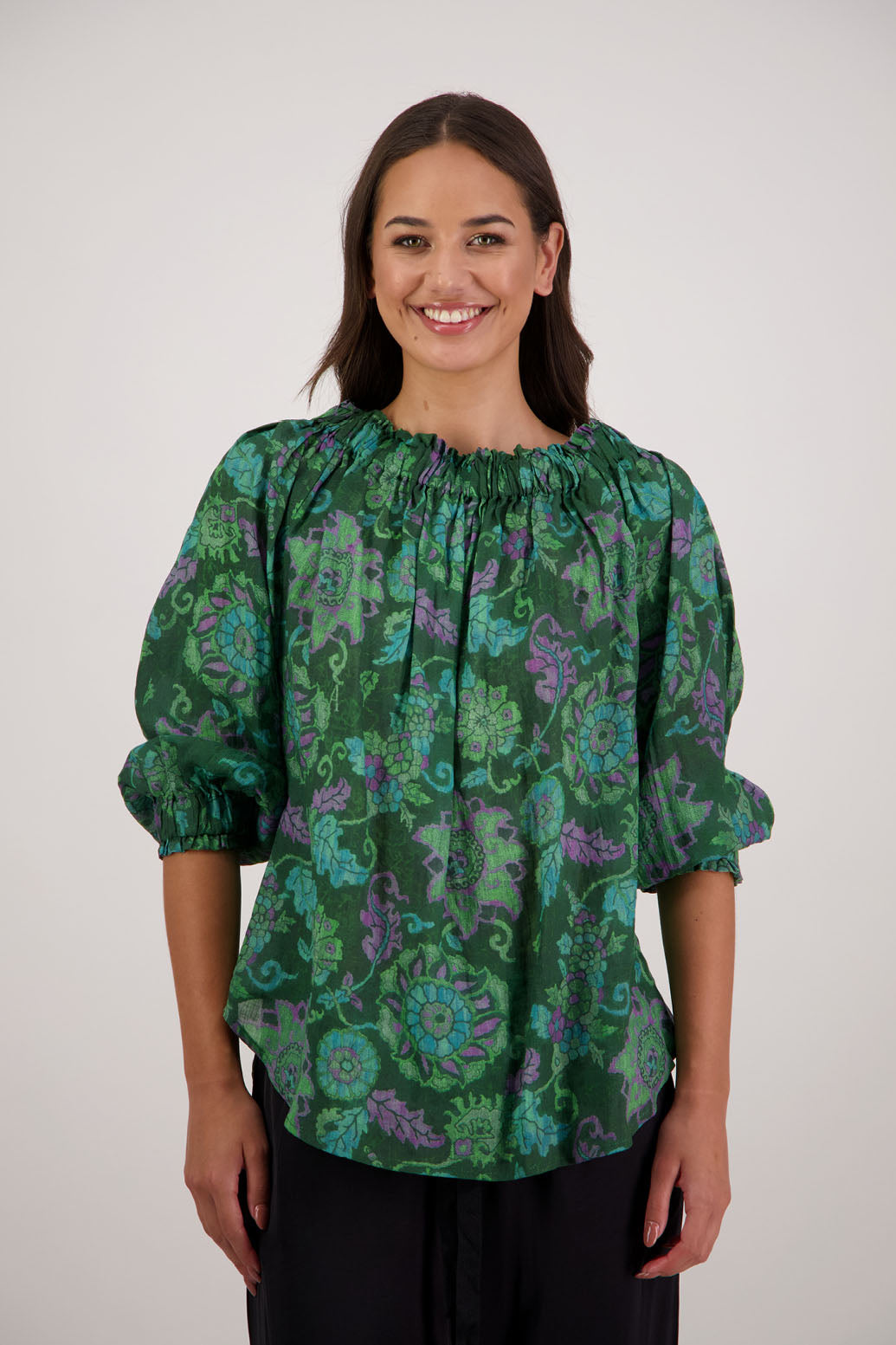 Bestselling Reversible Top. Annabella Top in Green Floral by Briarwood NZ. Lightweight 100% Ramie shirt with 3/4 sleeves, gathered necklkne, longer in length