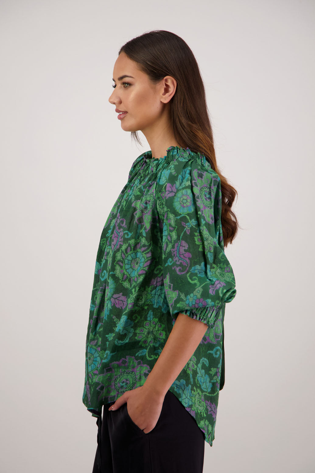 Bestselling Reversible Top. Annabella Top in Green Floral by Briarwood NZ. Lightweight 100% Ramie shirt with 3/4 sleeves, gathered necklkne, longer in length