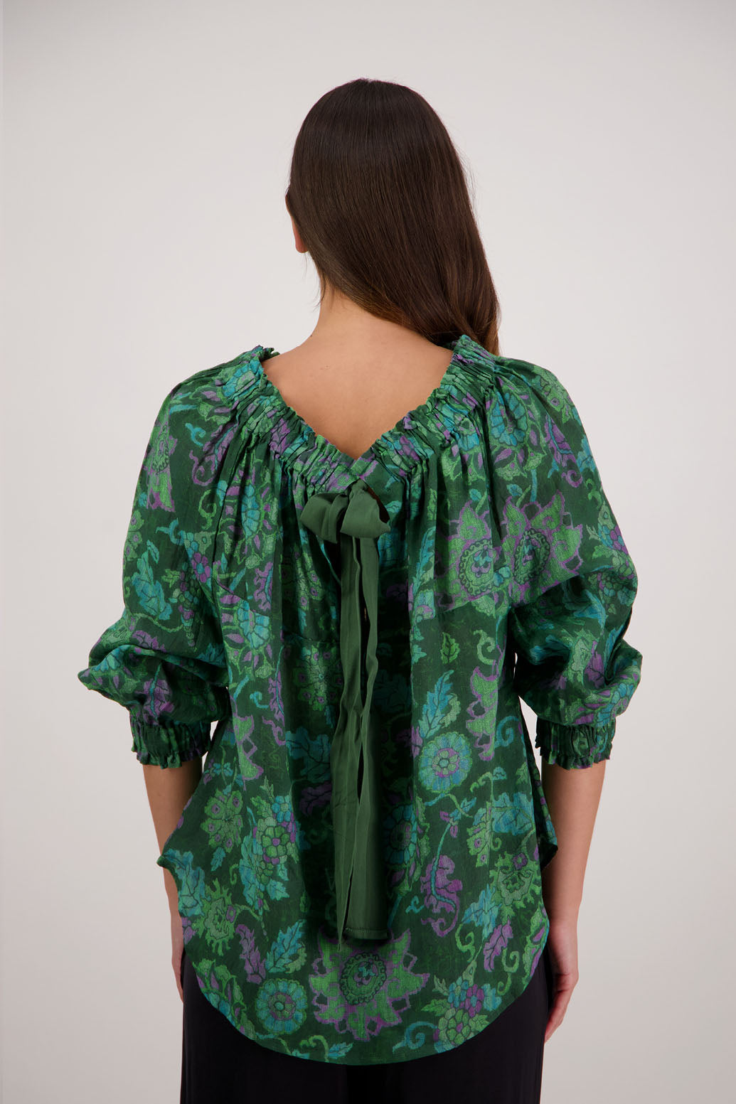 Bestselling Reversible Top. Annabella Top in Green Floral by Briarwood NZ. Lightweight 100% Ramie shirt with 3/4 sleeves, gathered necklkne, longer in length