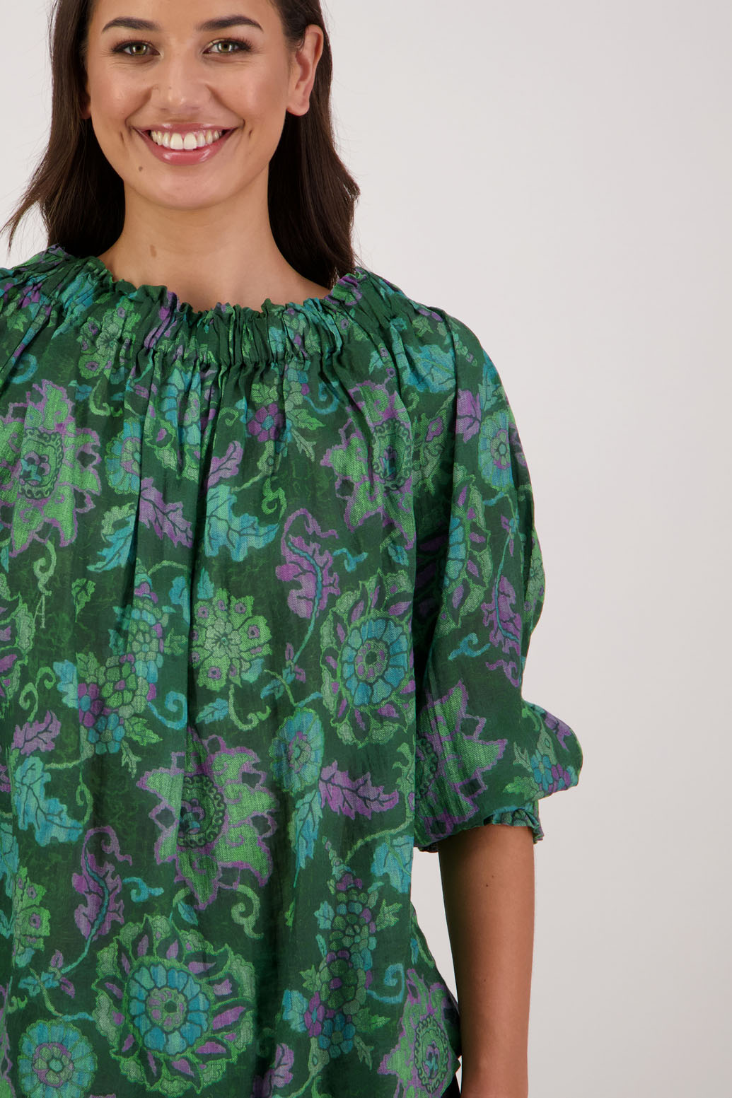 Bestselling Reversible Top. Annabella Top in Green Floral by Briarwood NZ. Lightweight 100% Ramie shirt with 3/4 sleeves, gathered necklkne, longer in length