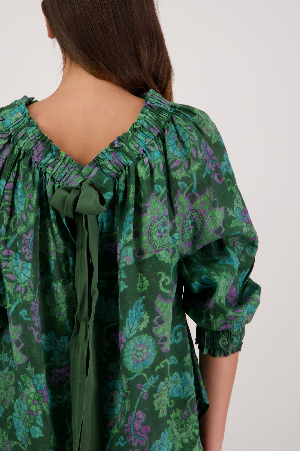 Bestselling Reversible Top. Annabella Top in Green Floral by Briarwood NZ. Lightweight 100% Ramie shirt with 3/4 sleeves, gathered necklkne, longer in length