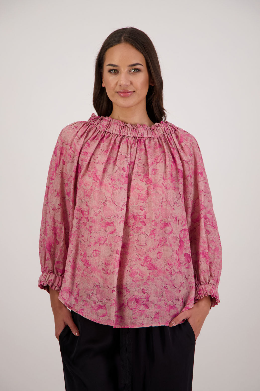 Bestselling Reversible Top. Annabella Top in Pink Floral by Briarwood NZ. Lightweight 100% Ramie shirt with 3/4 sleeves, gathered necklkne, longer in length