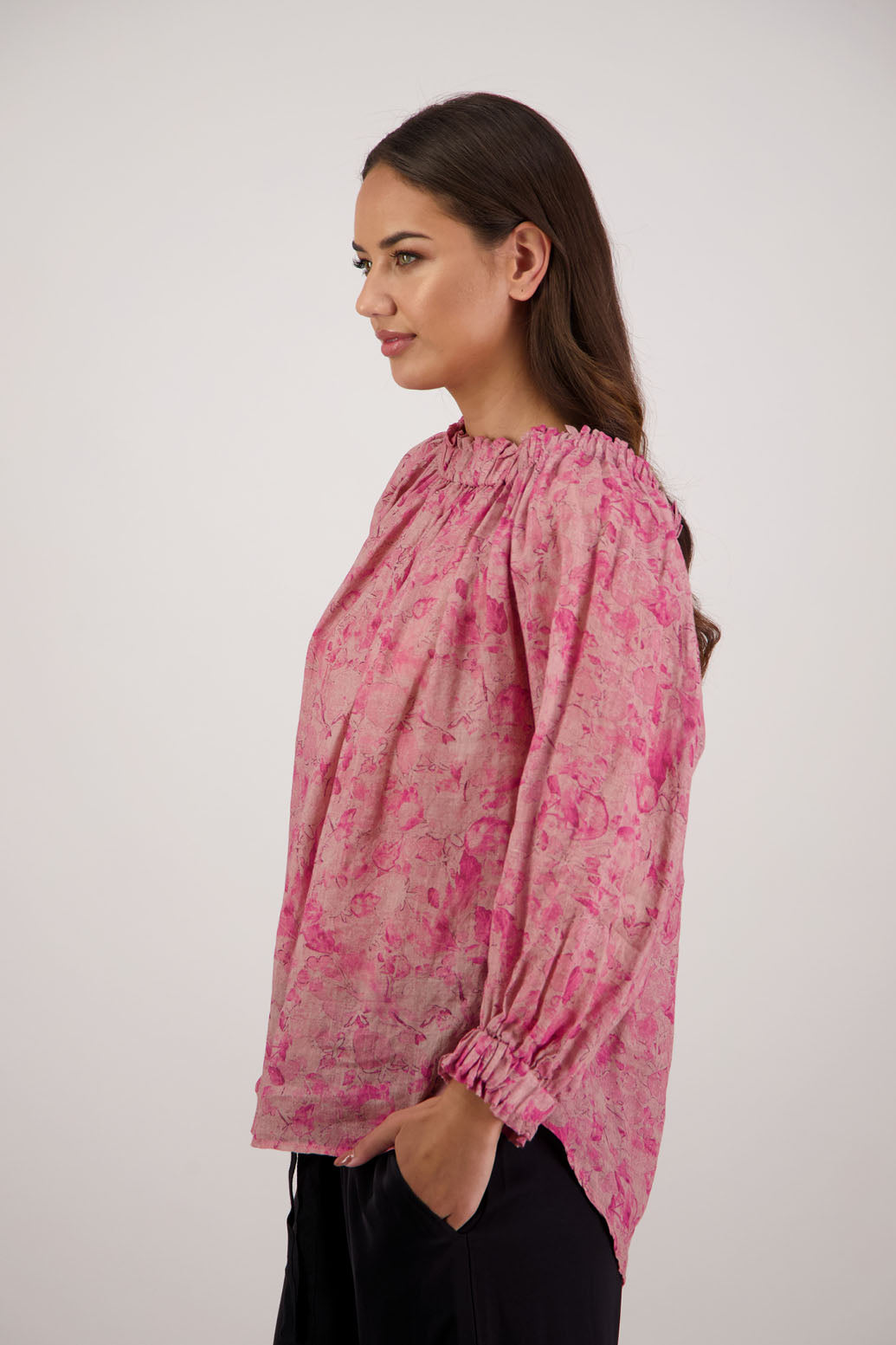 Bestselling Reversible Top. Annabella Top in Pink Floral by Briarwood NZ. Lightweight 100% Ramie shirt with 3/4 sleeves, gathered necklkne, longer in length