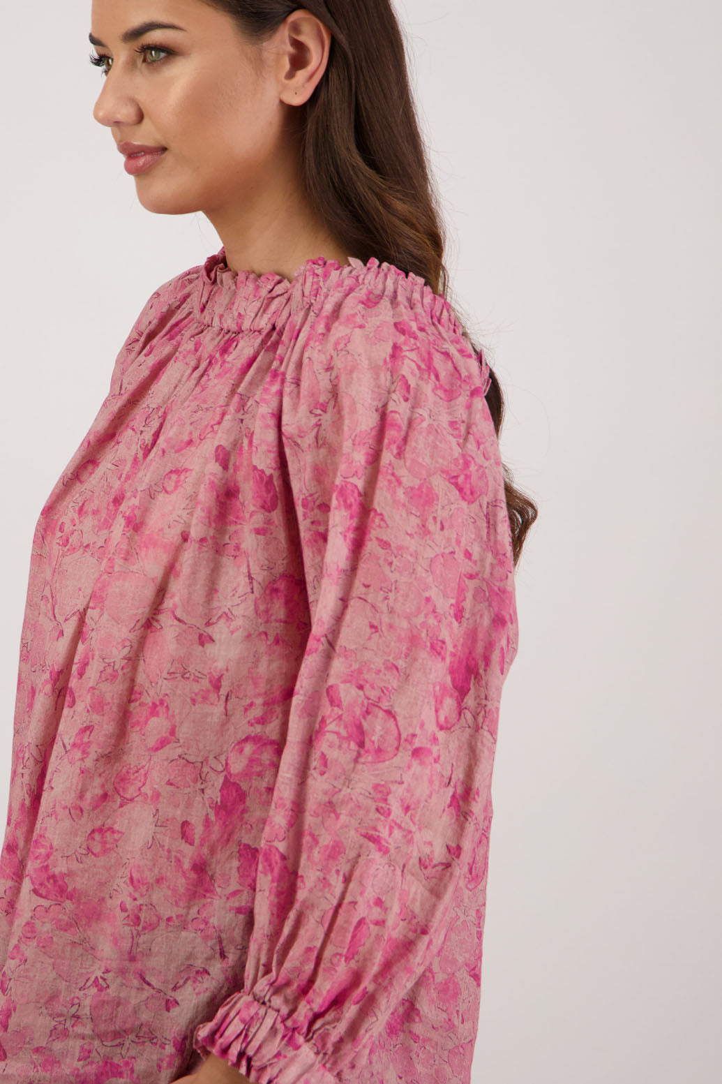 Bestselling Reversible Top. Annabella Top in Pink Floral by Briarwood NZ. Lightweight 100% Ramie shirt with 3/4 sleeves, gathered necklkne, longer in length