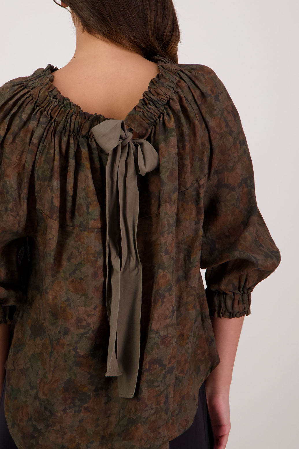 Bestselling Reversible Top. Annabella Top in Vintage Floral by Briarwood NZ. Lightweight 100% Ramie shirt with 3/4 sleeves, gathered necklkne, longer in length