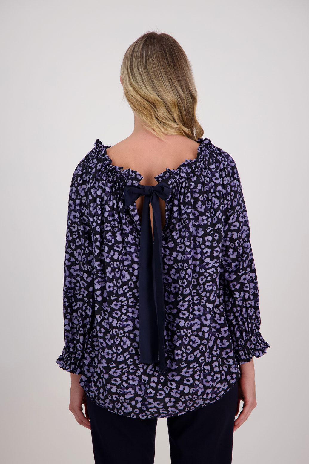 Blue Animal Briarwood Reversible viscose top with 3/4 sleeves and complementary tie that can be worn at the front or back. Annabelle