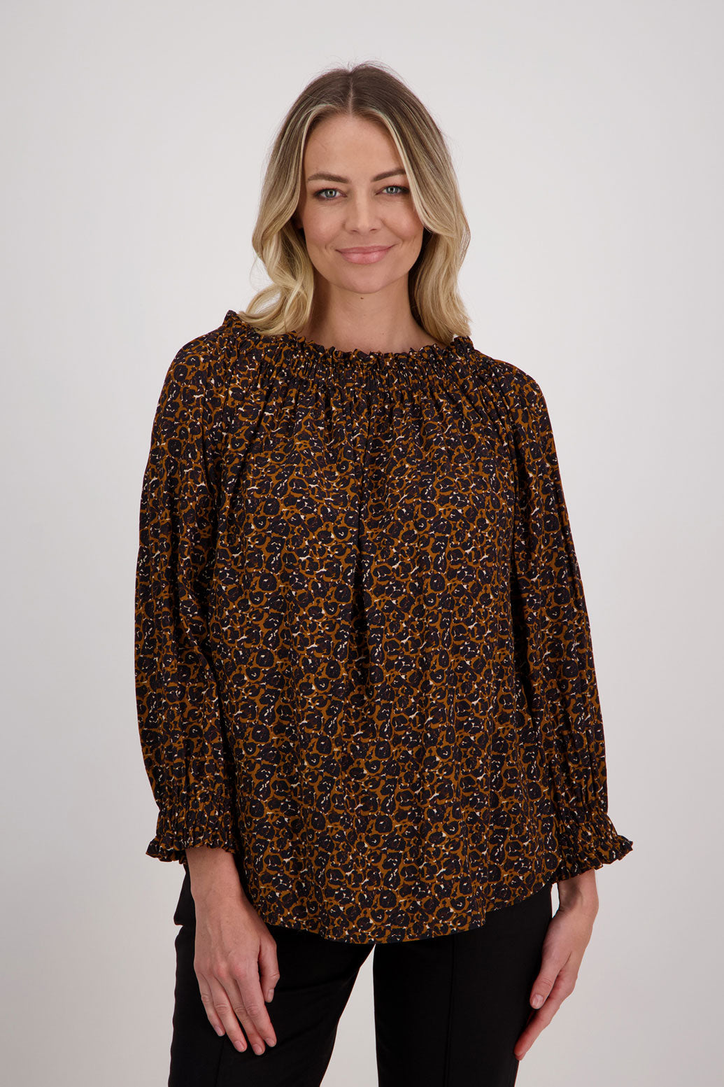 Brown Animal Briarwood Reversible viscose top with 3/4 sleeves and complementary tie that can be worn at the front or back. Annabelle