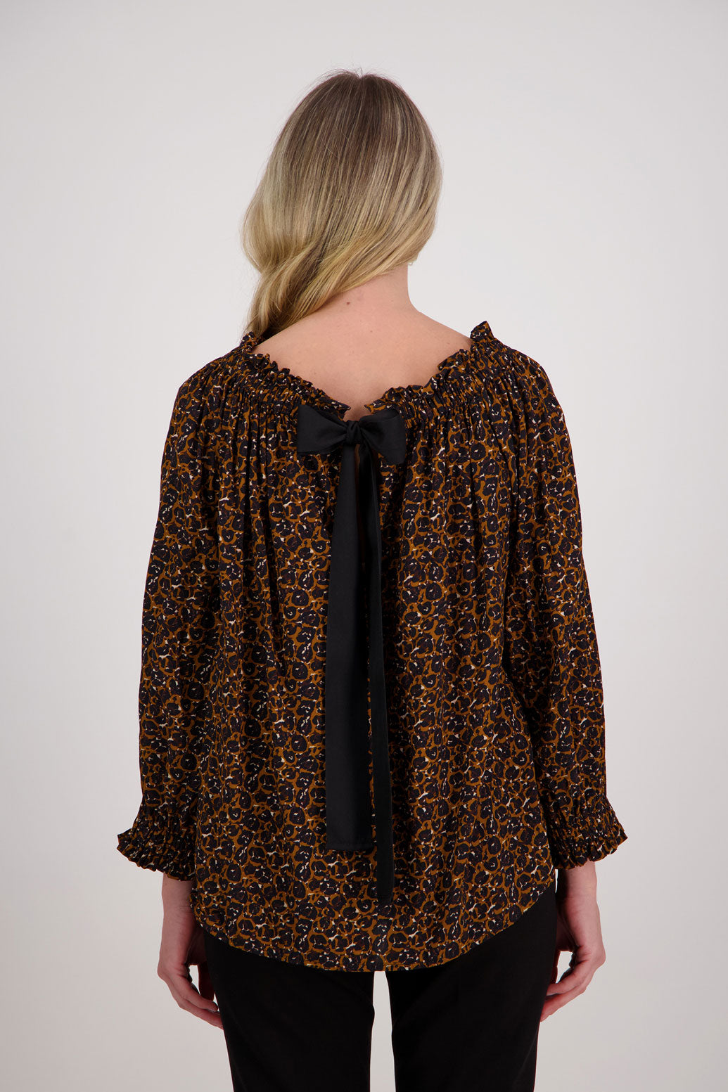 Brown Animal Briarwood Reversible viscose top with 3/4 sleeves and complementary tie that can be worn at the front or back. Annabelle