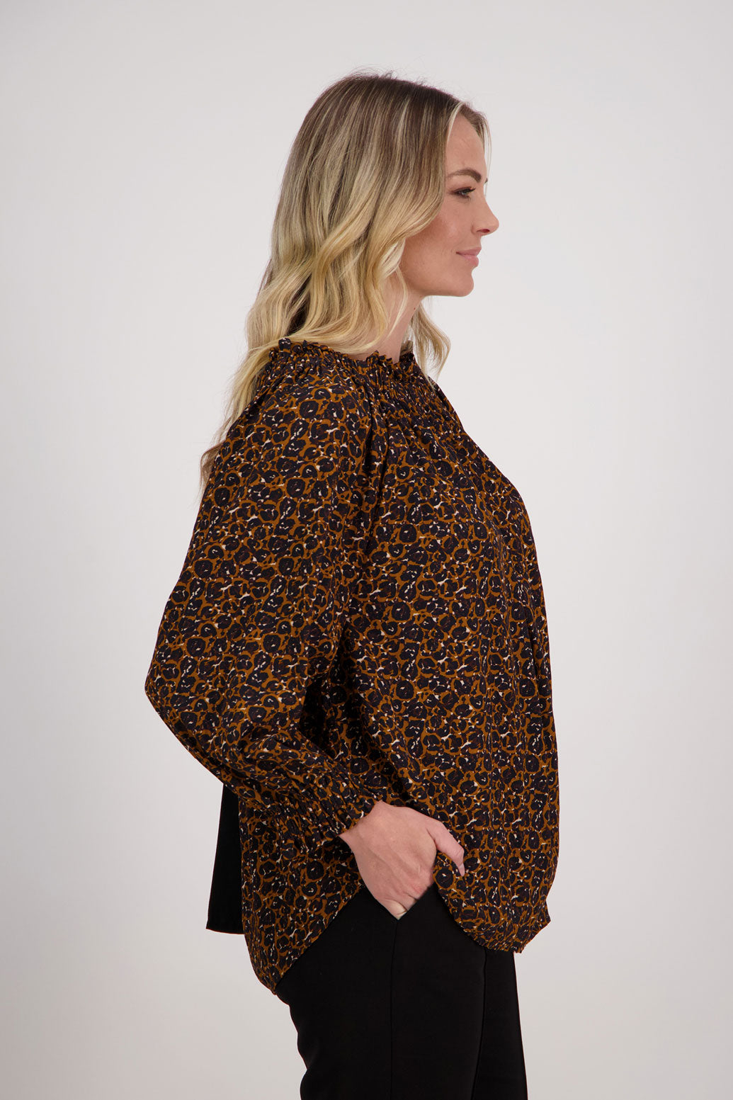 Brown Animal Briarwood Reversible viscose top with 3/4 sleeves and complementary tie that can be worn at the front or back. Annabelle