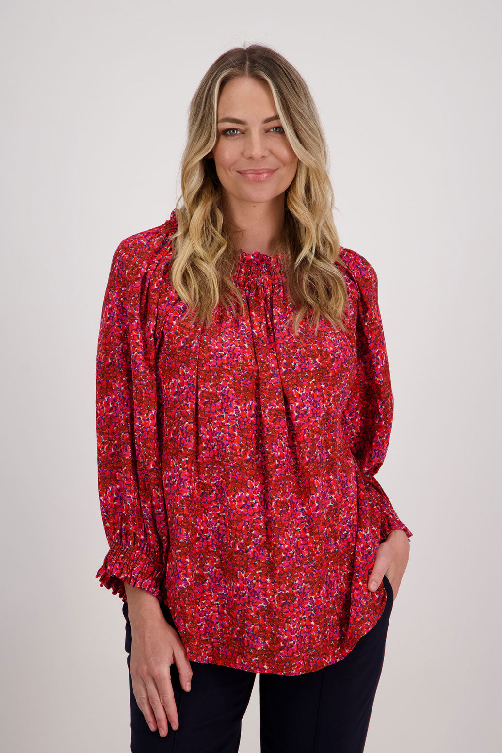 Red Floral Briarwood Reversible viscose top. 3/4 Sleeves and complementary tie worn at the front or back. Annabelle