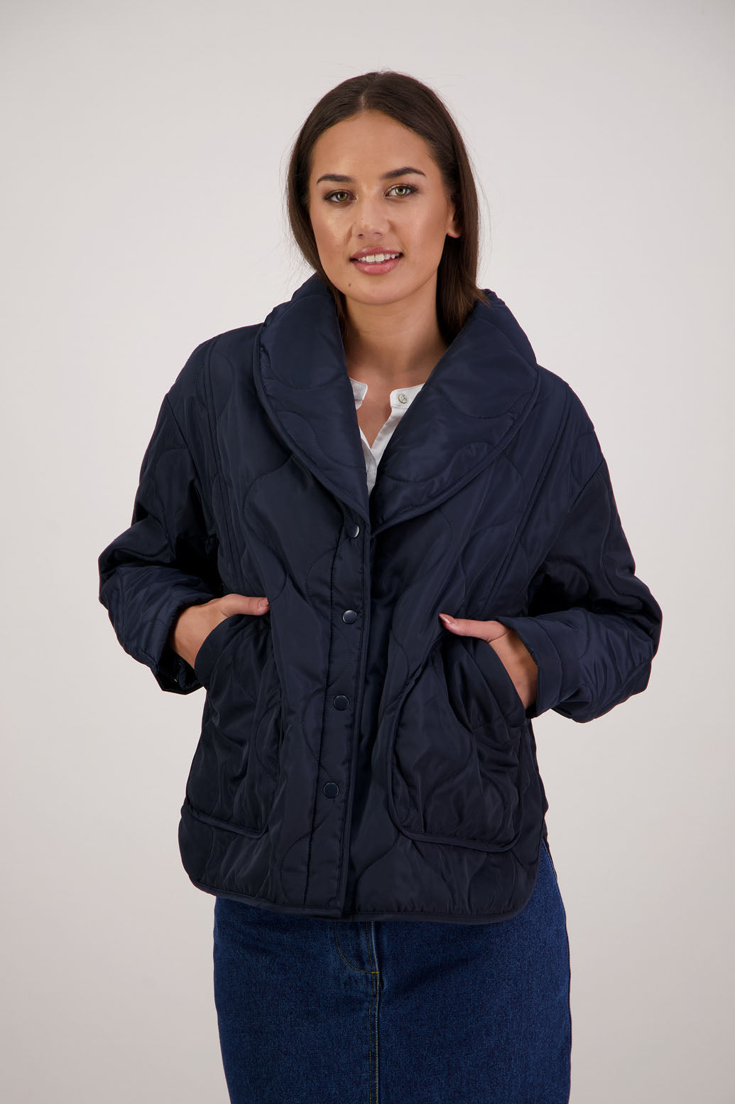 BESTSELLER. Chapman Quilted Jacket in Ink by Briarwood NZ. Quilted swirl design, high collar, side split detail, buttons front, stitched on pockets, slightly longer in the back, box fit, lined