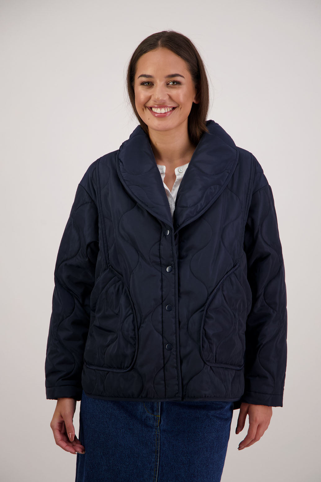 BESTSELLER. Chapman Quilted Jacket in Ink by Briarwood NZ. Quilted swirl design, high collar, side split detail, buttons front, stitched on pockets, slightly longer in the back, box fit, lined