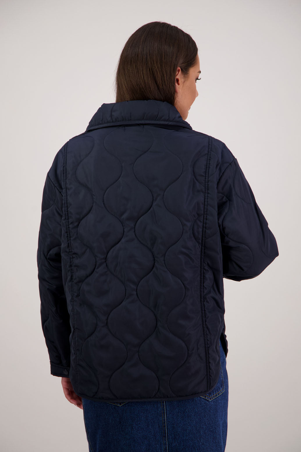 BESTSELLER. Chapman Quilted Jacket in Ink by Briarwood NZ. Quilted swirl design, high collar, side split detail, buttons front, stitched on pockets, slightly longer in the back, box fit, lined