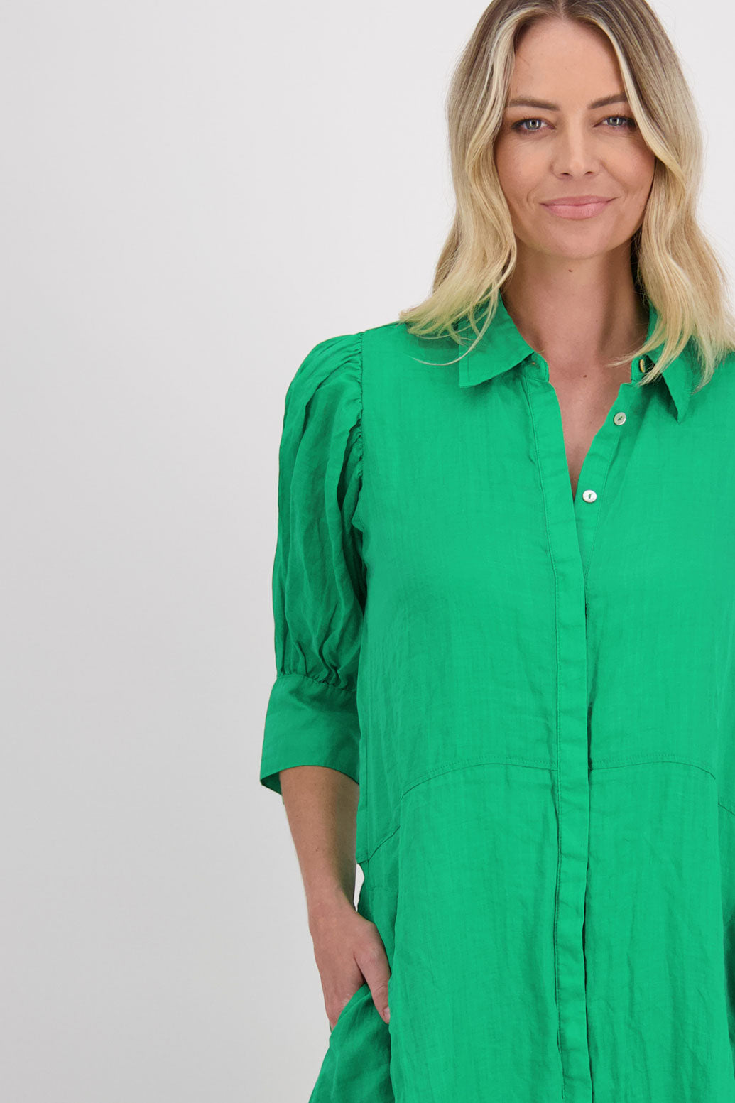 Christine Ramie Shirt Dress, Apple Front Close Up