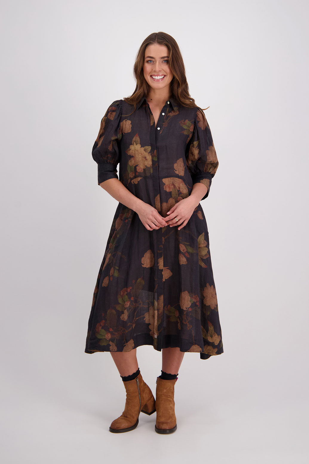 Briarwood Christine Black Floral Ramie Shirt Dress