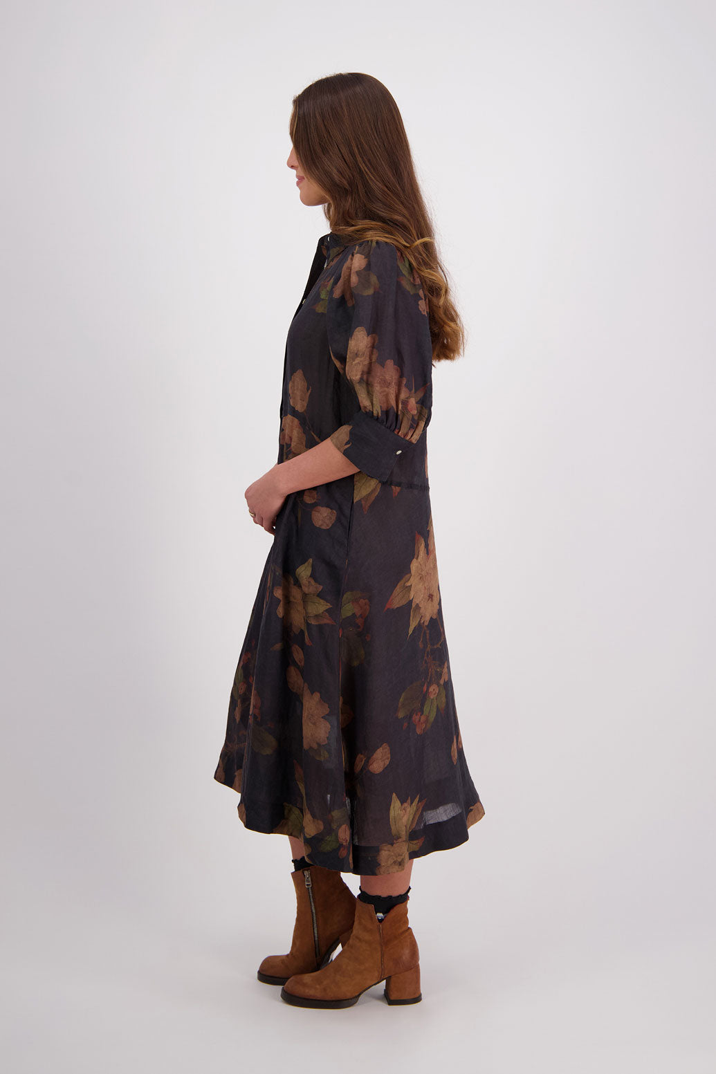 Briarwood Christine Black Floral Ramie Shirt Dress