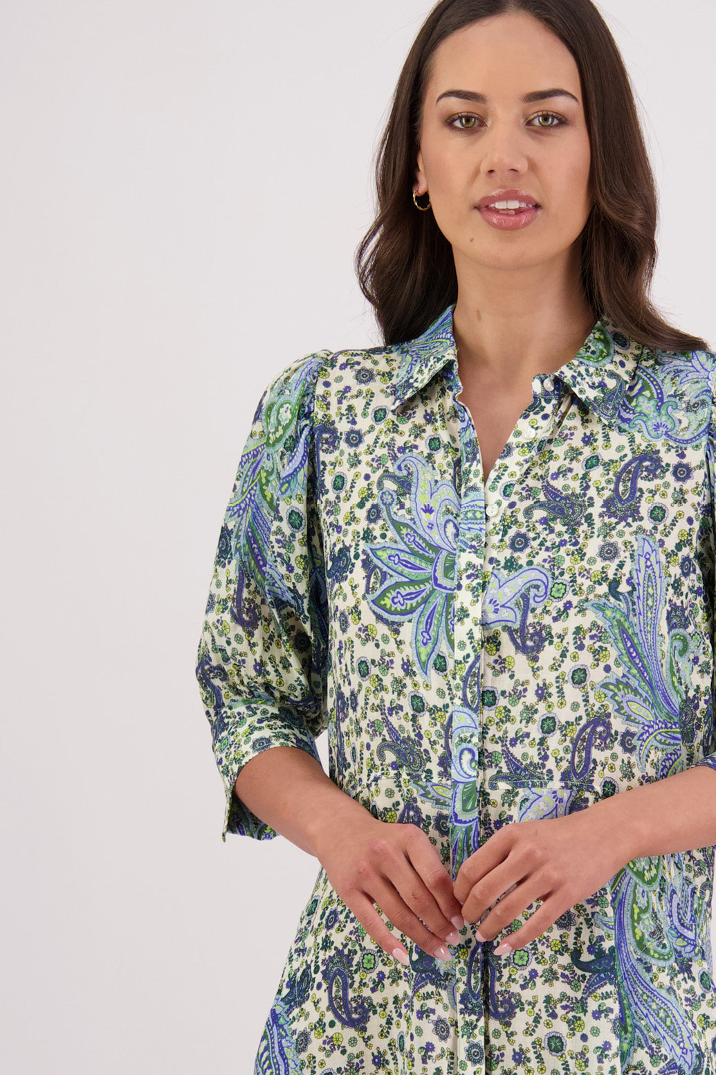 Close up front view of Briarwood Christine Shirt Dress in Blue Paisley print.