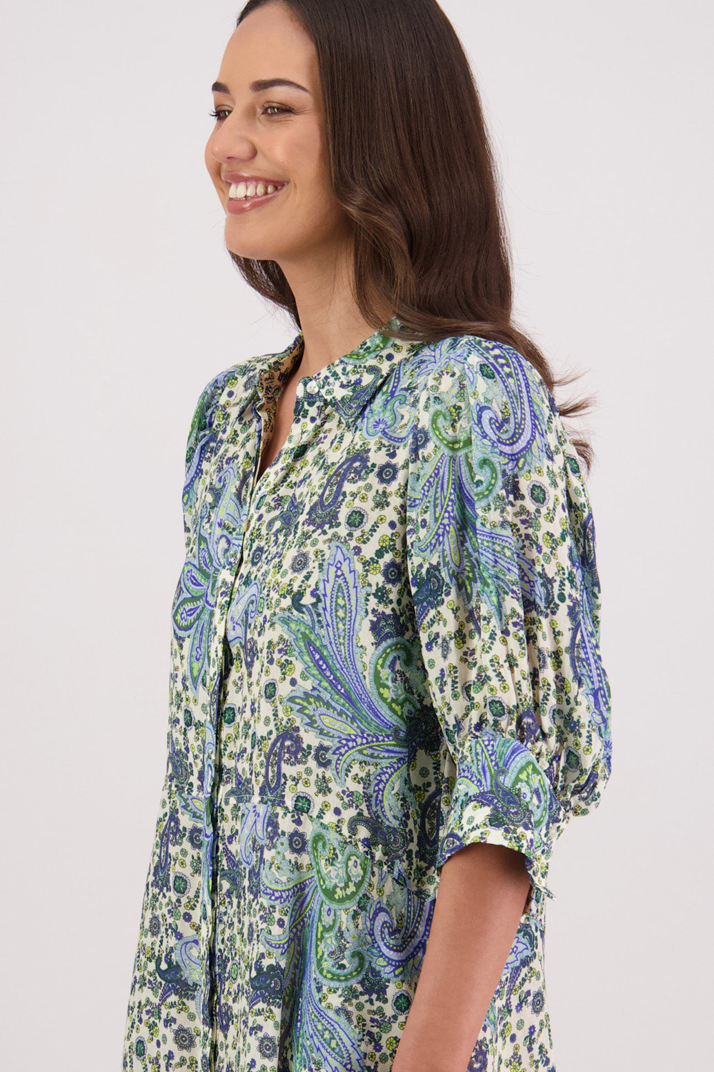 Close up side view of Briarwood Christine Shirt Dress in Blue Paisley print.