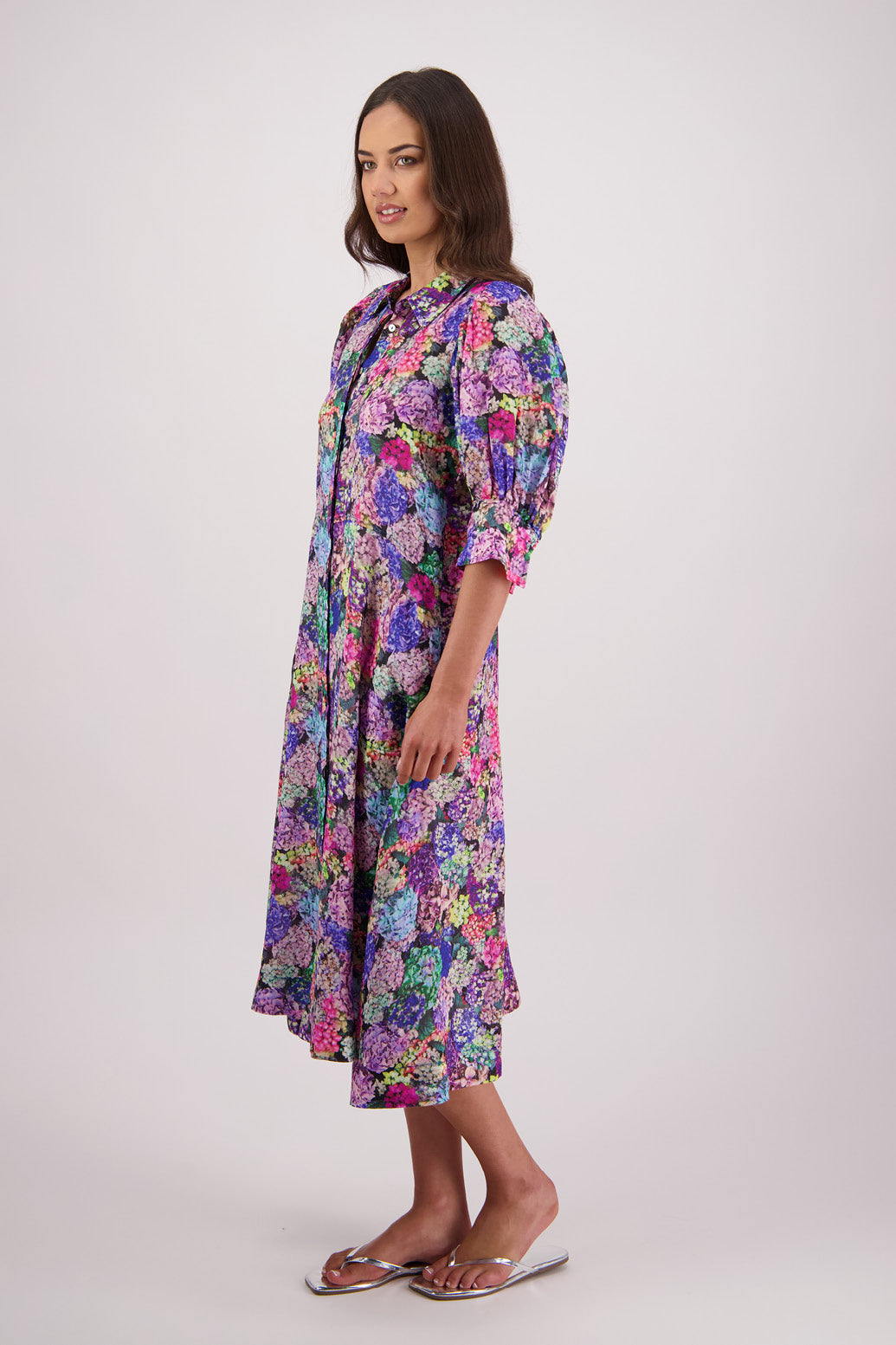 Side view of Briarwood Christine Shirt Dress in Hydrangea print.