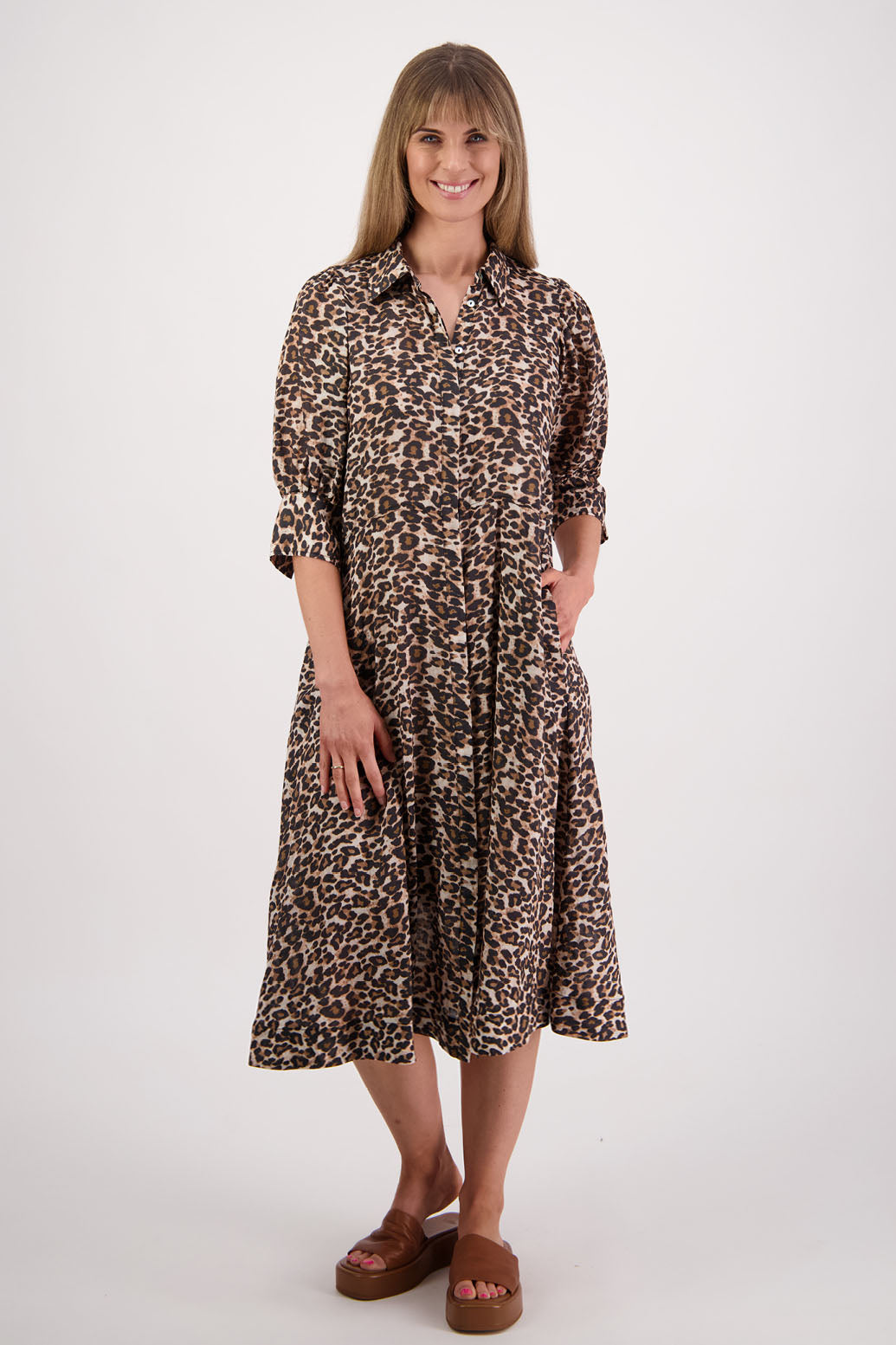 Womens shirt dress, midi length with elbow length puff sleeves. Briarwood NZ. Ramie, Christine. Leopard Print