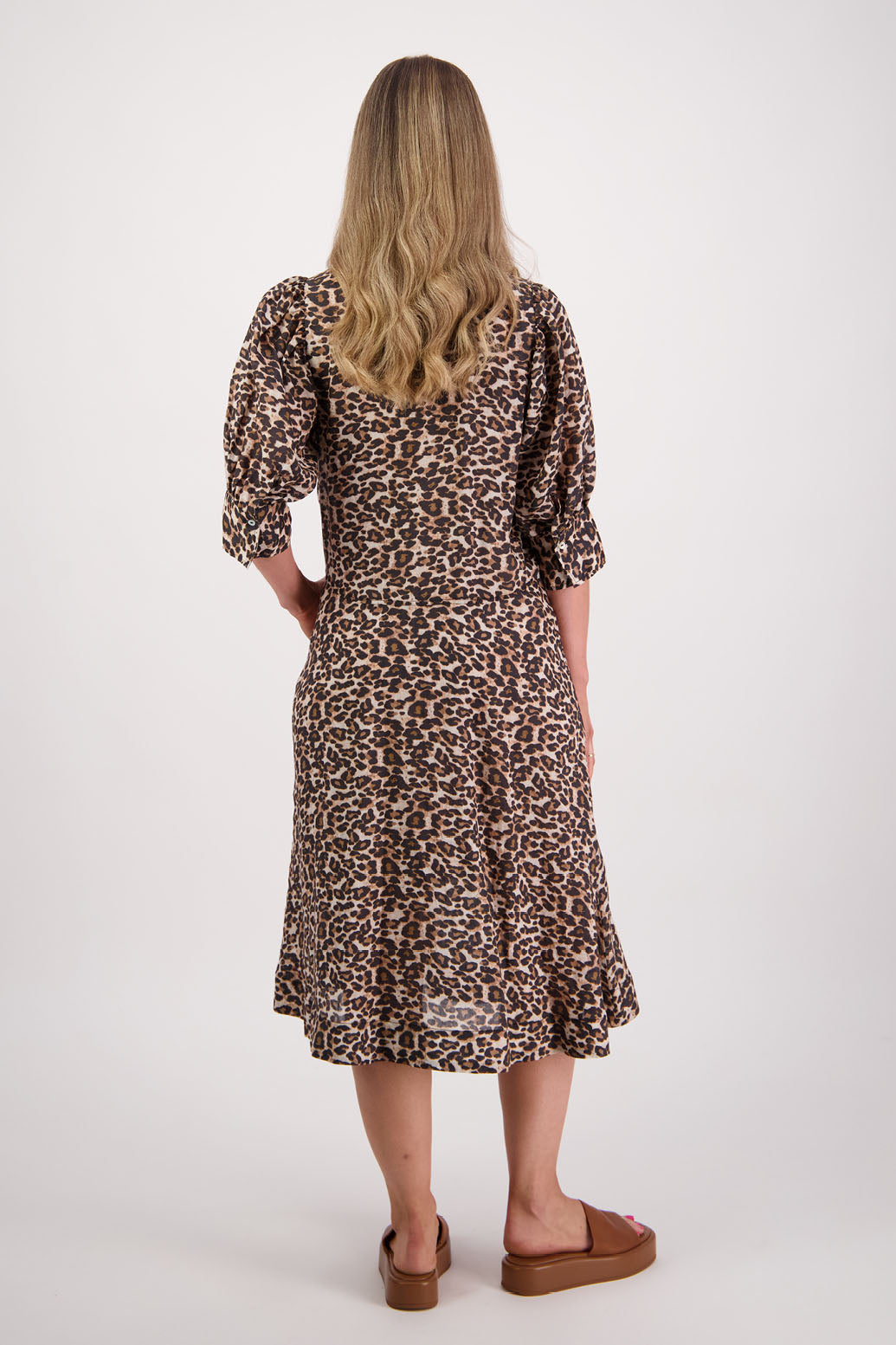 Womens shirt dress, midi length with elbow length puff sleeves. Briarwood NZ. Ramie, Christine. Leopard Print