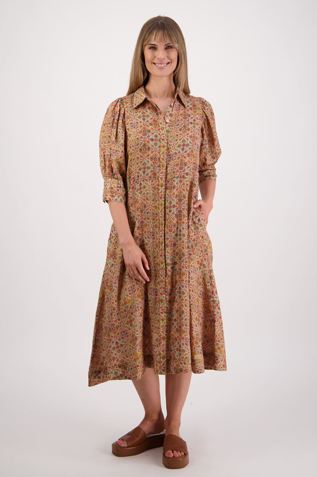 Womens shirt dress, midi length with elbow length puff sleeves. Briarwood NZ. Ramie, Christine. Little Leaf Print