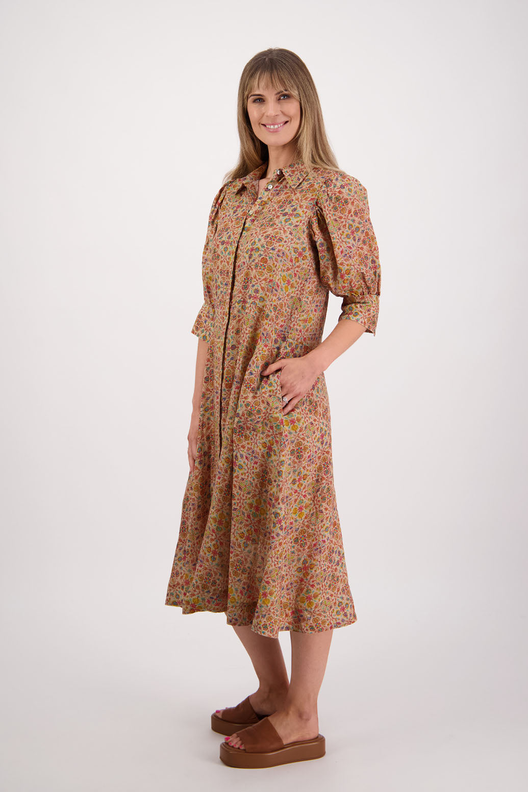Womens shirt dress, midi length with elbow length puff sleeves. Briarwood NZ. Ramie, Christine. Little Leaf Print