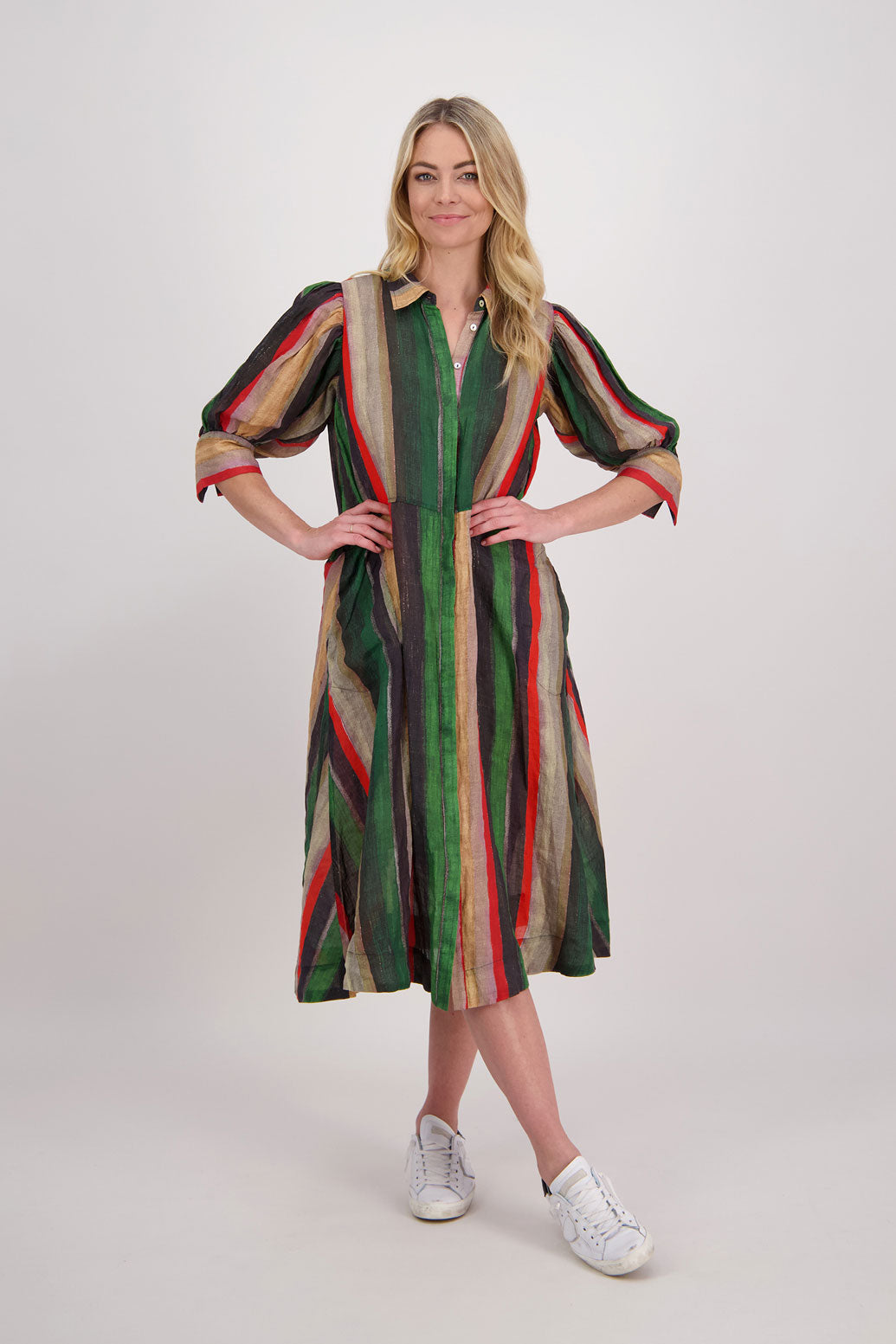 CHRISTINE RED/GREEN STRIPE RAMIE SHIRT DRESS