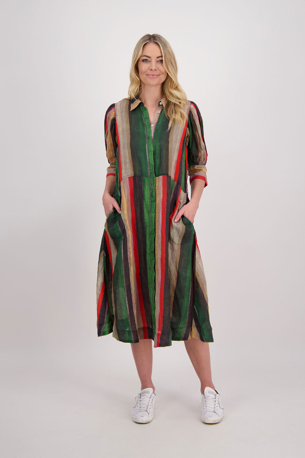 CHRISTINE RED/GREEN STRIPE RAMIE SHIRT DRESS