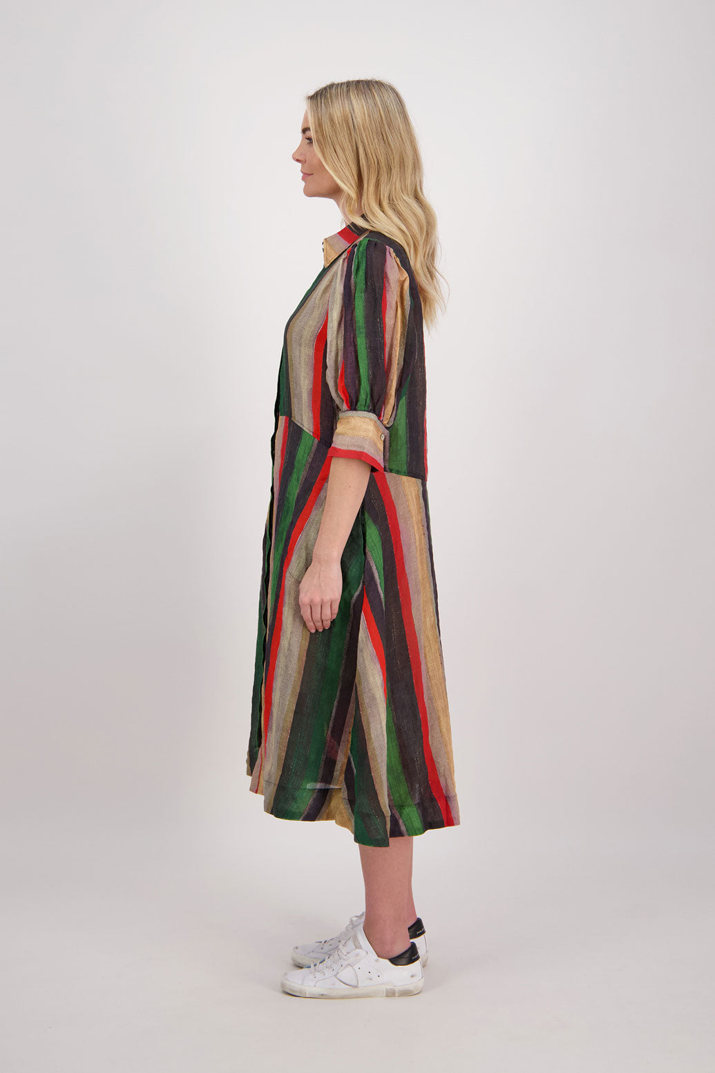 CHRISTINE RED/GREEN STRIPE RAMIE SHIRT DRESS